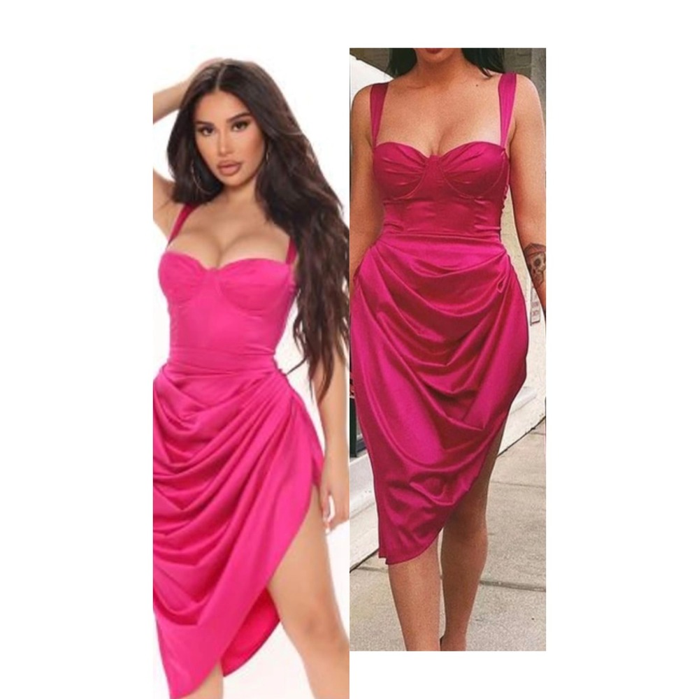 Fashion Nova Pink Satin Corset Midi Dress Fuchsia Ruched Hem Slit Club Concert